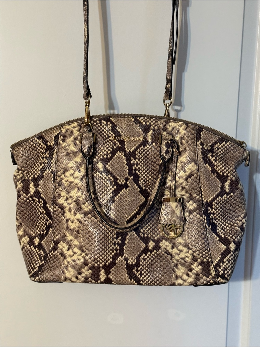 Michael Kors Brown and Cream Snake-Print Satchel